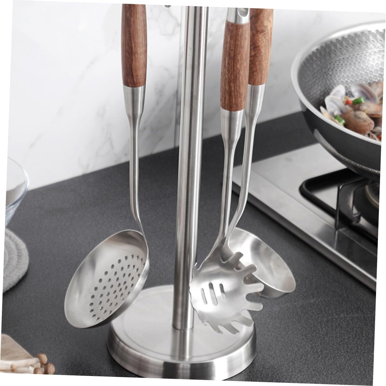 Stainless Steel Kitchen Rack with 6 Hooks, Spoon and Spatula Organizer, Floor-standing Utensil Storage Rack for Home Kitchen Cooking Tools