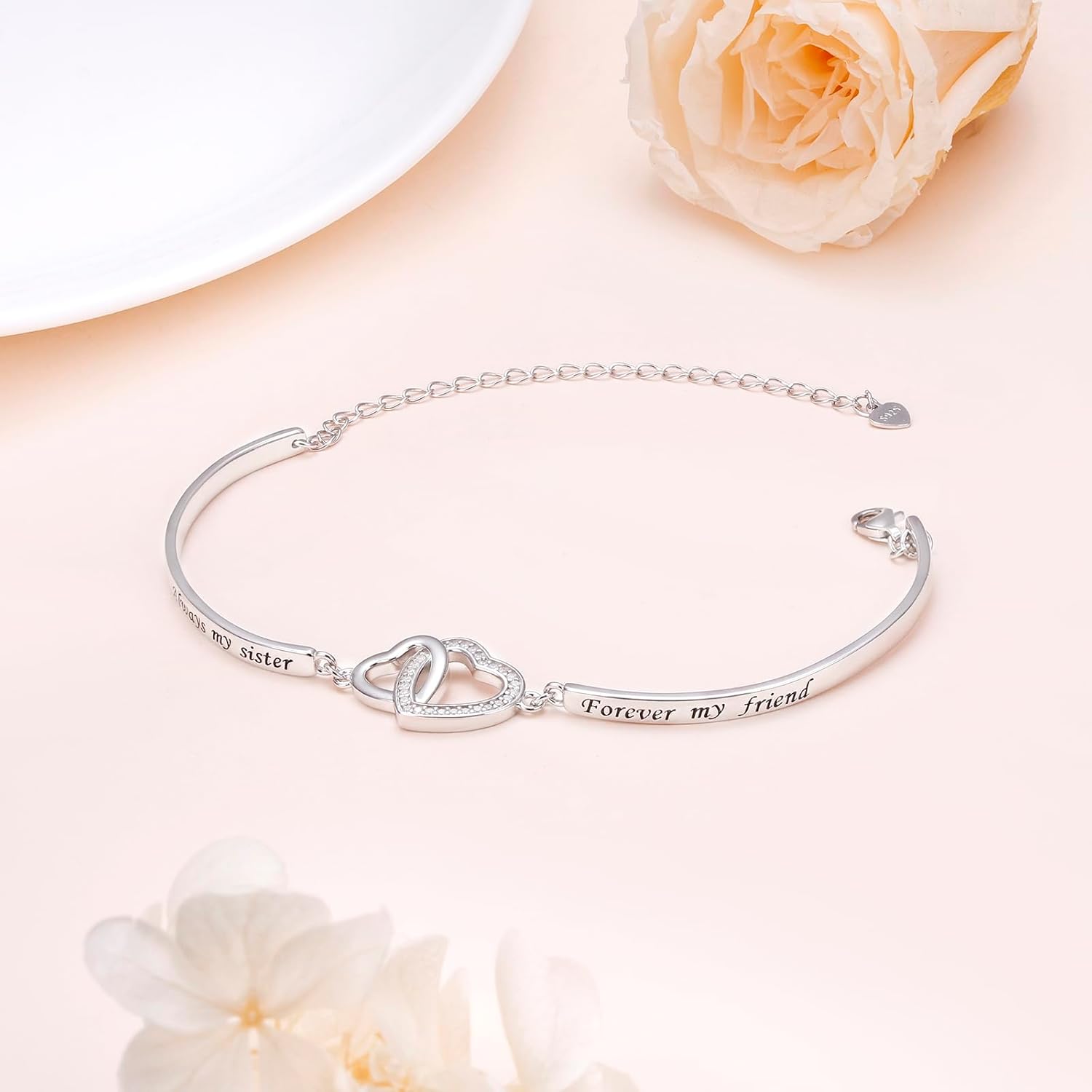 925 Sterling Silver Heart Inspirational Bangle Bracelet Engraved Always my sister Forever my friend Adjustable Bracelets Sister Friendship Jewelry Gift for Women - Image 3