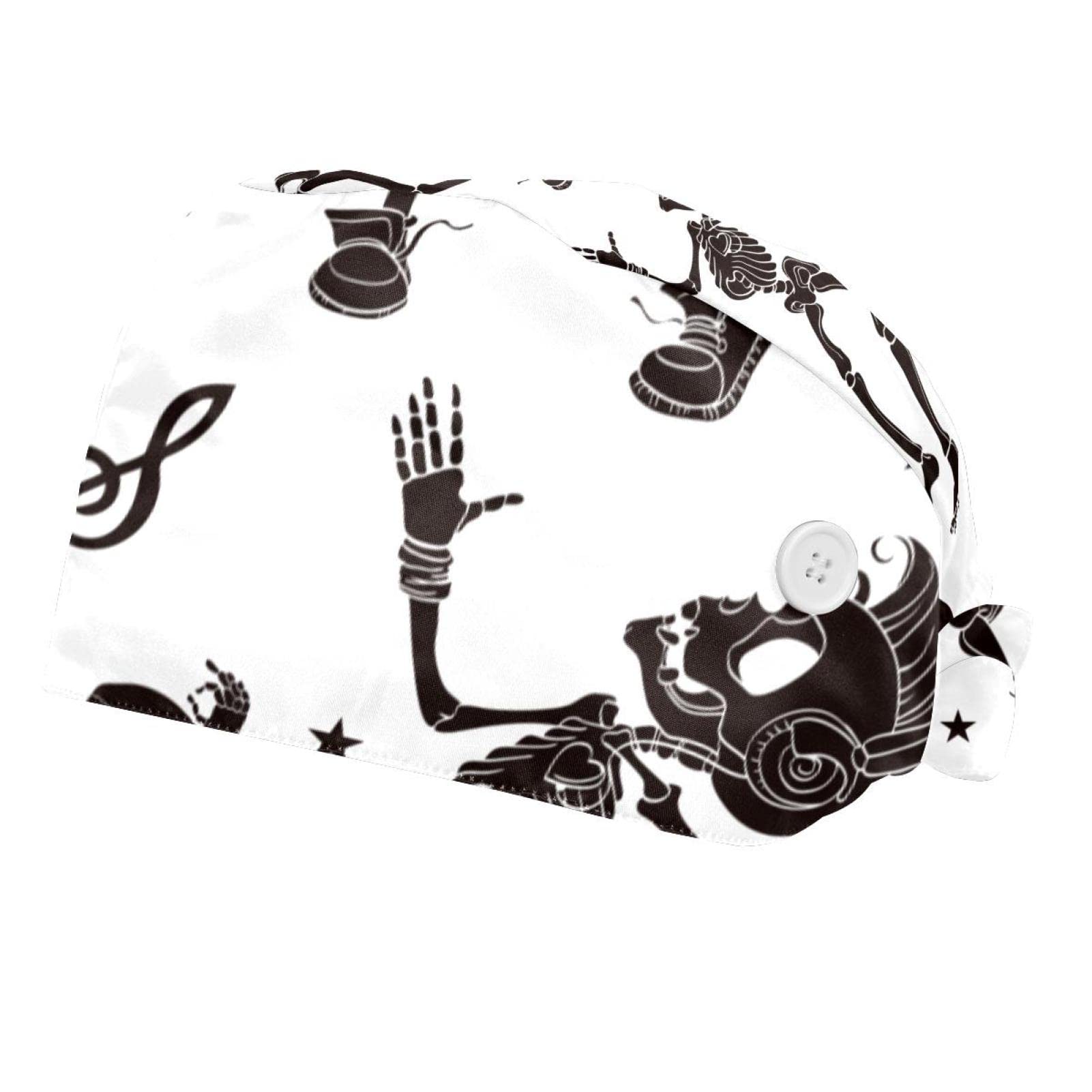 Pulongpoq2 Pcs Working Cap with Button Long Hair Sweatband Ponytail Holder Tie Back Nurse Hat, Funny Dancing Skull