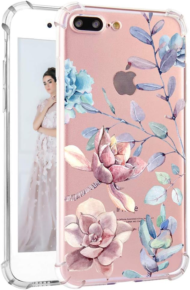 Feelingjoy Compatible iPhone 8 Plus/iPhone 7 Plus Case Girly Cute Floral Flower Design Clear Protective Slim Soft TPU Heavy Duty Shockproof Bumper Phone Case for Girls Women, Retro Flowers