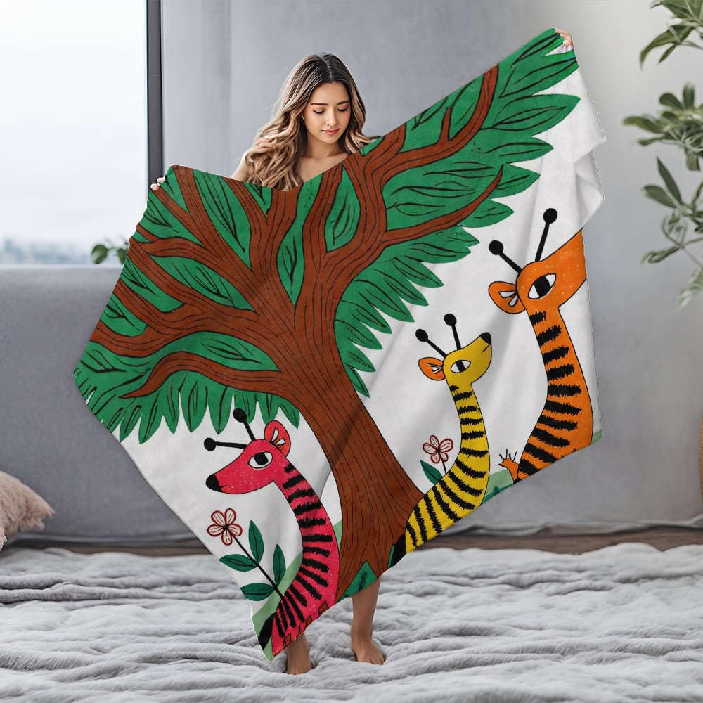Couverture flanelle blanche arbre et girafes pleine de douceur