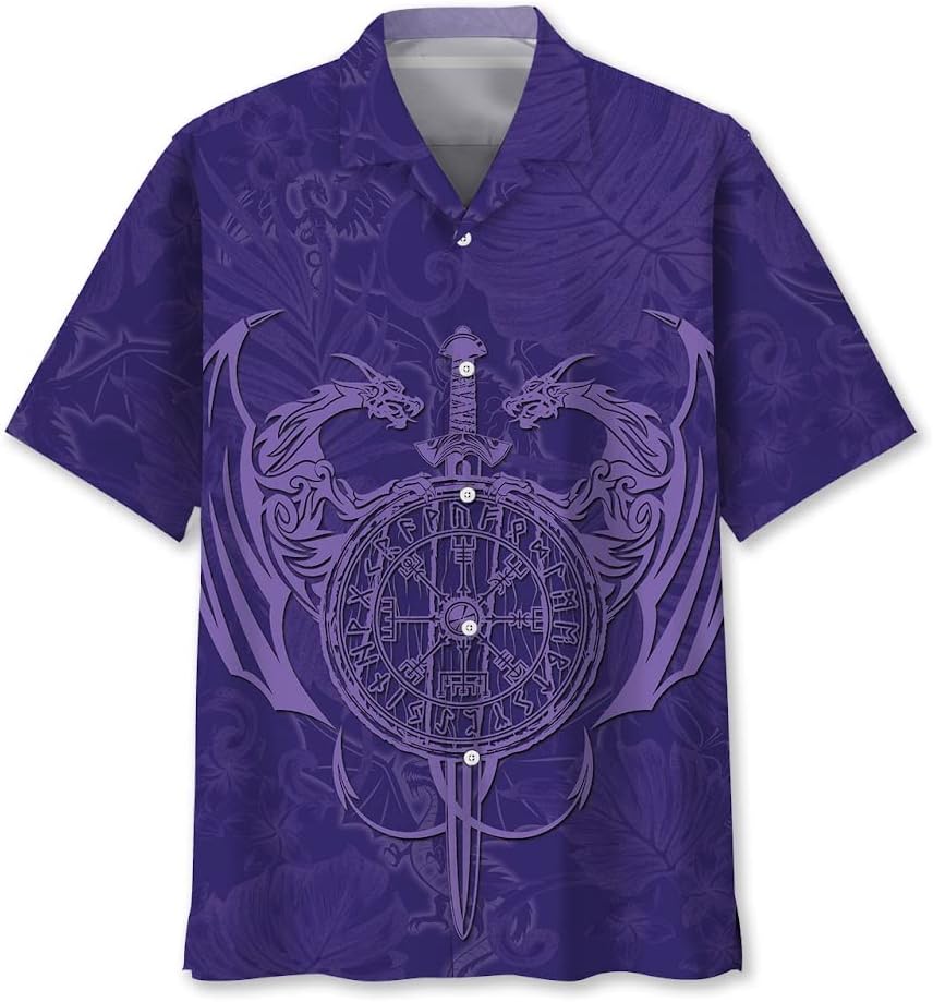Dragon Shirts for Men, Short Sleeve Button Down Purple Dragon Shirt, Chinese Dragon Shirt, Dragon Tatoo Art