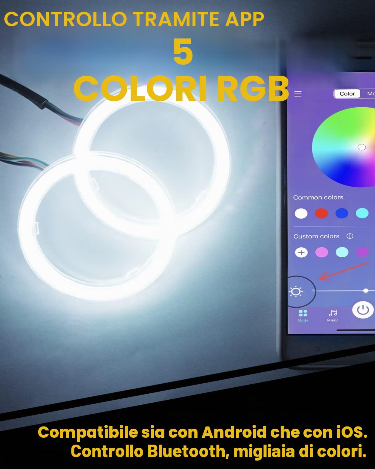 Qasim 1 paio da LED COB Fari Angel Eyes Halo Rings Anello Halo Occhi d'Angelo Universale per Auto da Moto DRL Spia Faro con Coperchio Controllo dell'APP mobile Bluetooth 12V DC 60MM 60SMD RGB
