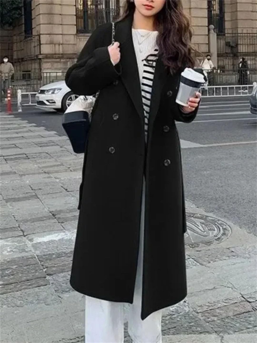 Abrigo de lana coreano suelto para mujer, elegante, liso, abrigo largo con cinturón, abrigo largo delgado y cálido
