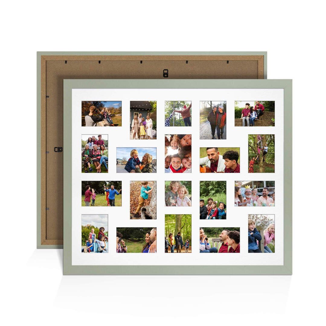 Procut Global 80X70CM Green Photo Frames For Multiple Pictures with White Mount-Modern Collage Frame with 20 Apertures (18x) 6x4, (2x) 4x4-Engineered Wood with Shatterproof Perspex