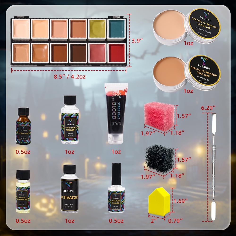 Kit de maquillaje de Halloween con efectos especiales SFX, 12 colores, paleta FX, pintura facial y corporal con sangre falsa, cera de cicatrices, goma de mascar, sellador de ricino, aceite de 6