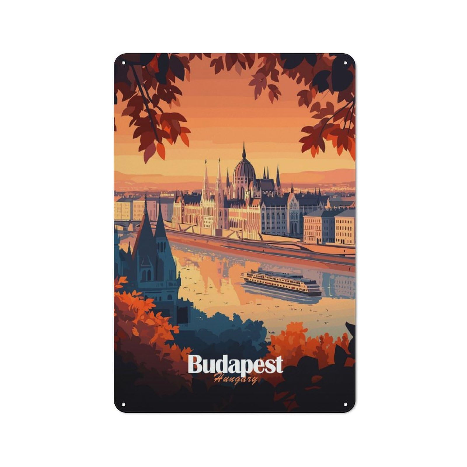 Budapest Cityscape Barn Style Metal Wall Decor 30x20cm, Country Metal Sign for Kitchen, Cottage, Porch Or Garden Room