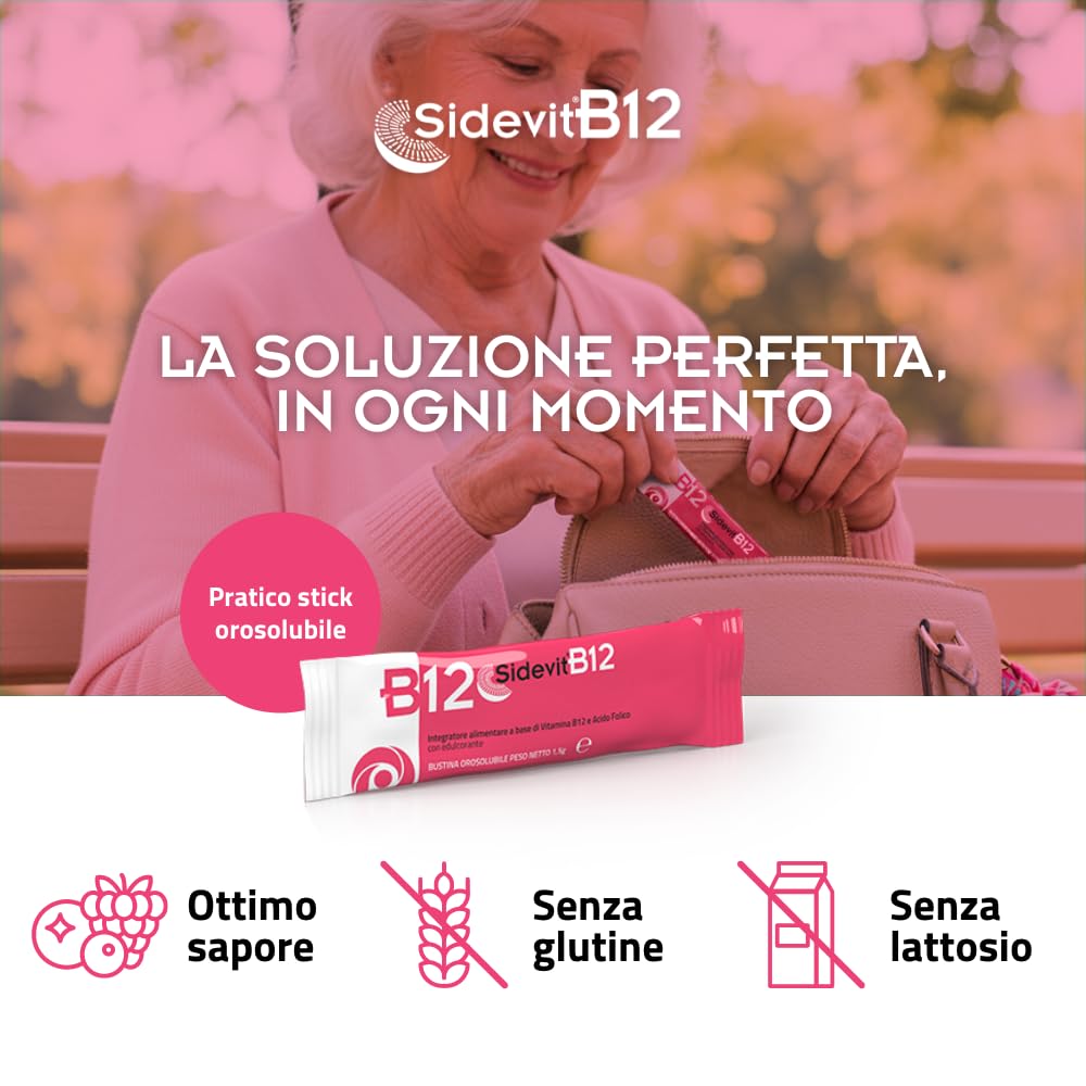 Sidevit® B12 Integratore alimentare con Tecnologia Sucrosomiale®, Alta Concentrazione, Supporto Stanchezza e Sistema nervoso, Per chi ha una alimentazione Vegana, 20 Bustine orosolubili, Pharmanutra