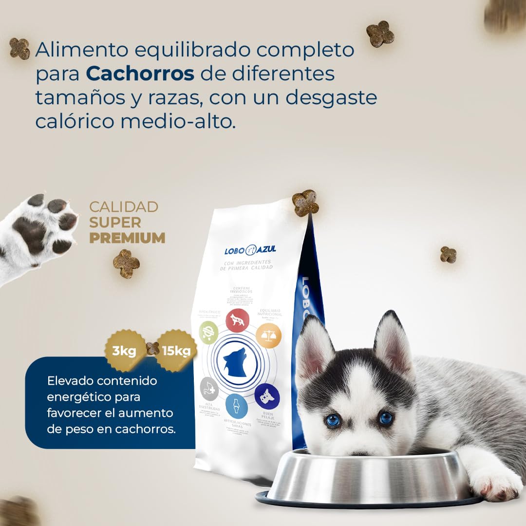 Pienso Cachorros - Comida para Perros Cachorros con Pollo, Atún, Pato y Cordero - Crecimiento Óptimo - 15kg Lobo Azul Puppy