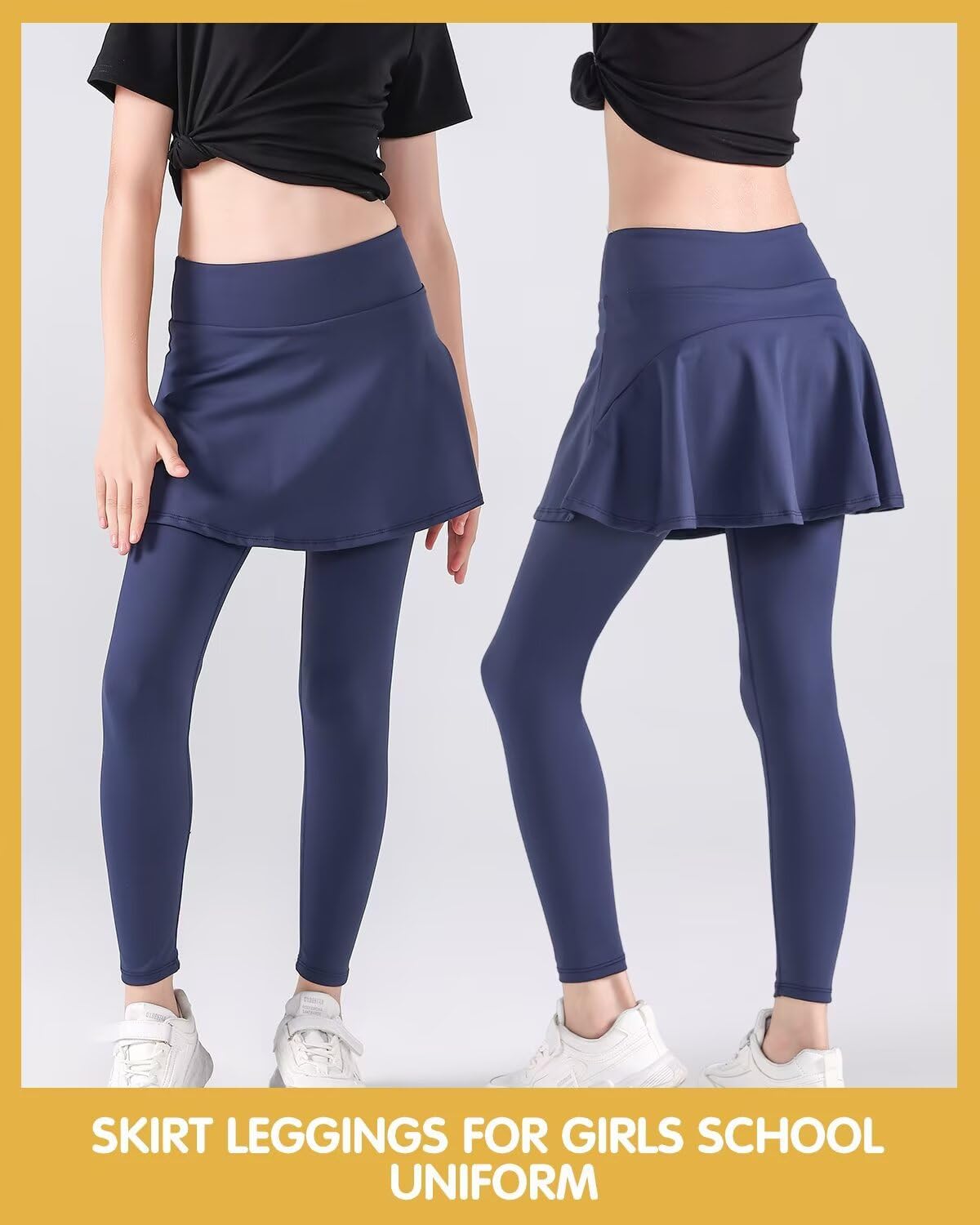 2 in 1 Girls Leggings with Skirt High Waisted Tennis Athletic Flowy Skirted Legging with Pockets for Kid - Image 2