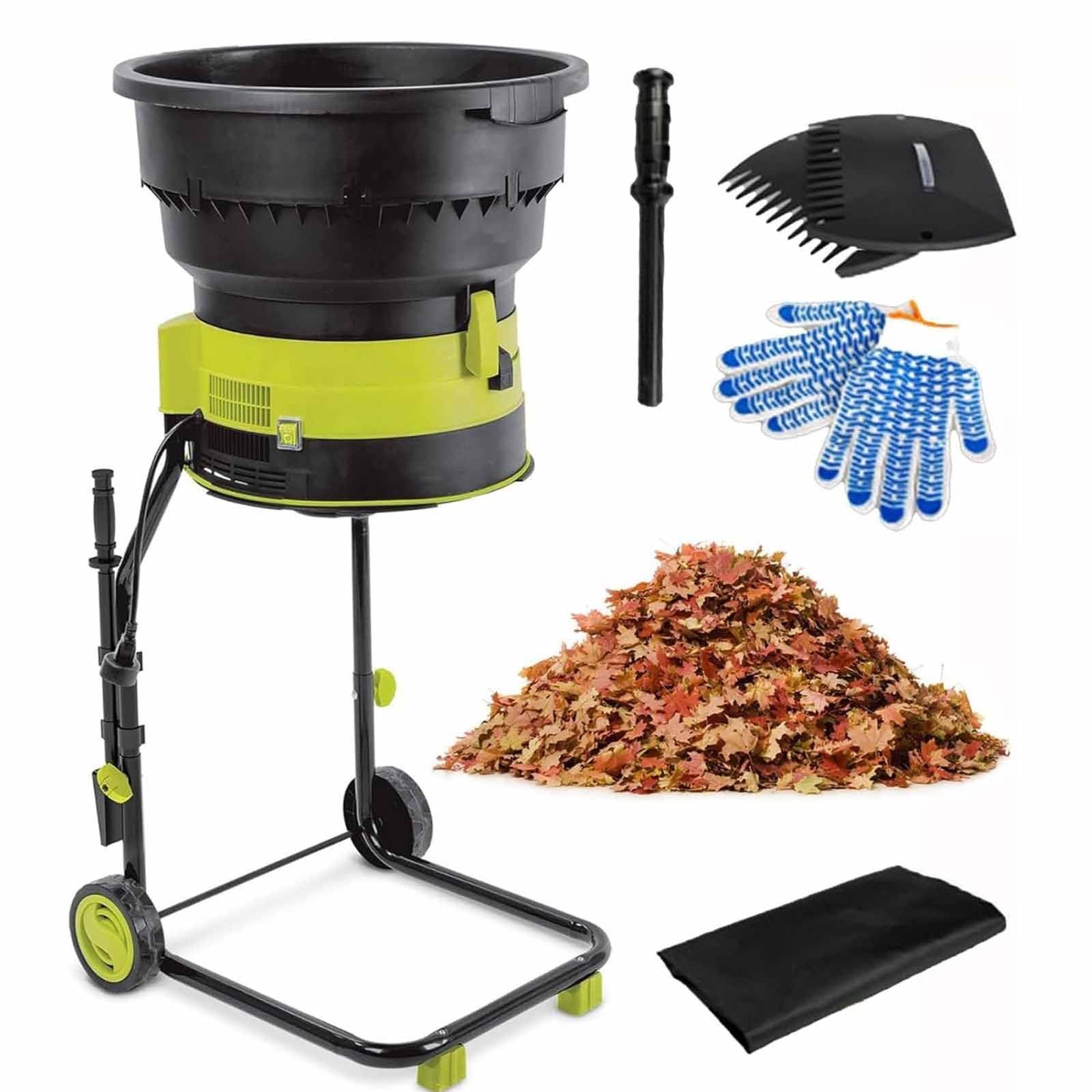 Trituradora eléctrica de hojas, diseño sin cuchillas, velocidad de 8000 rpm, embudo de 54 cm con ruedas, rastrillo de hojas y bolsa de almacenamiento, ideal para hojas de jardín, cable de alimentación