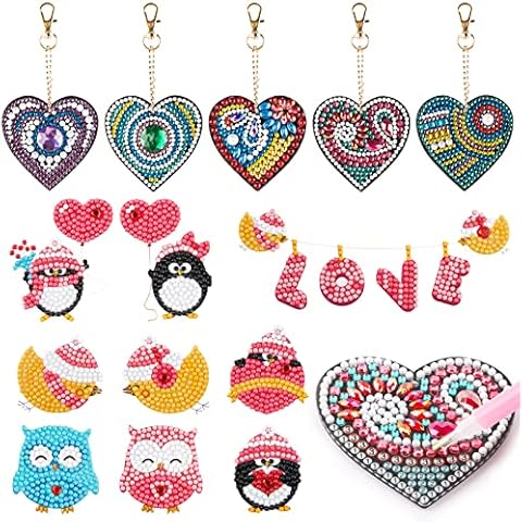 BOFUNX 5Pcs Double-sided Diamond Painting Heart Keychain Kits + 9Pcs Diamond Painting Stickers, 5D DIY Diamond Painting Art Kit Paint by Numbers for Kid Adult Beginners Cover