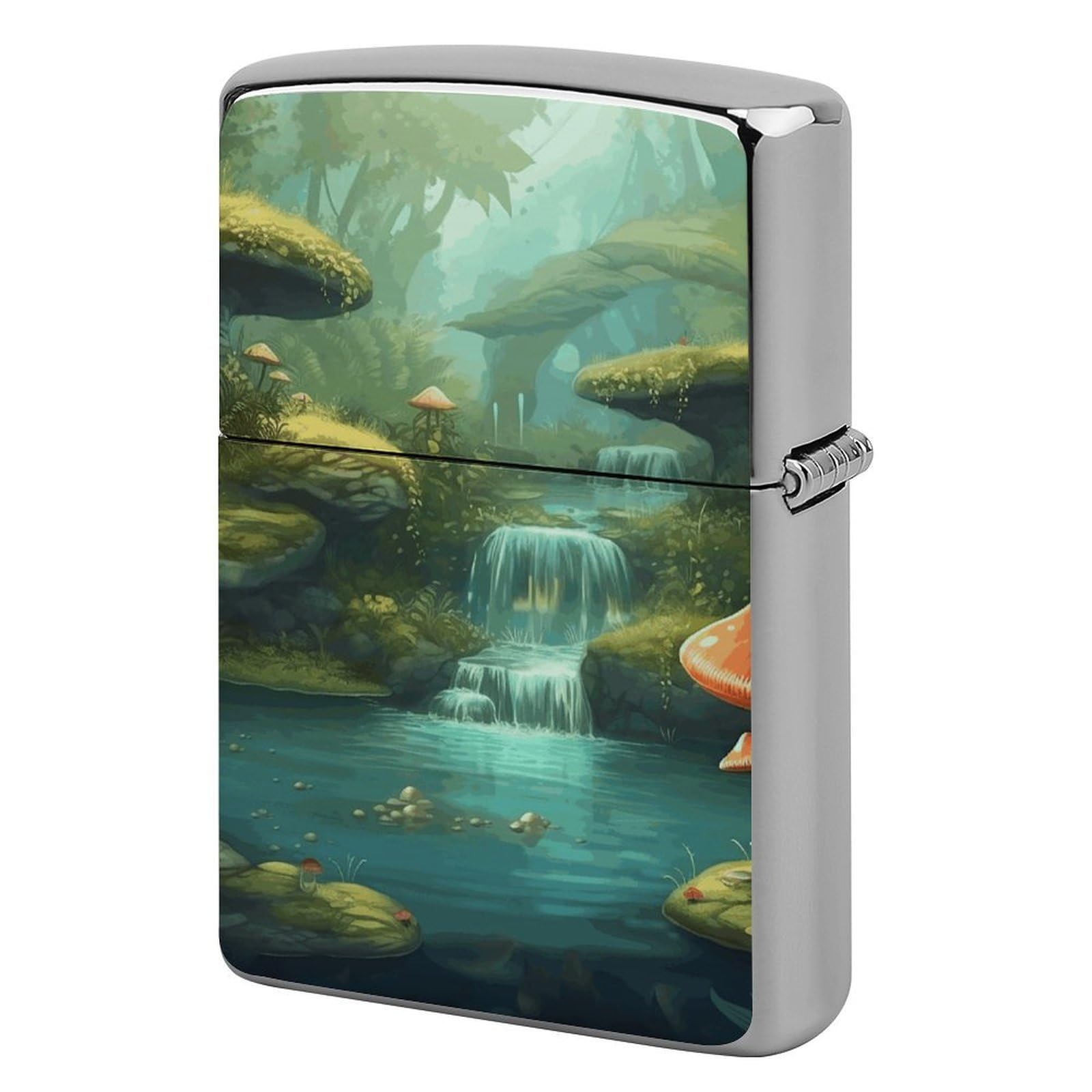 View of Fantasy River Mushroom Lighter Case for Men, Personalized Lighter Cover for Valentine's Day Gifts, Flip-Top Lighters Shell for Outdoor, Portable Lighters Protective Sleeve