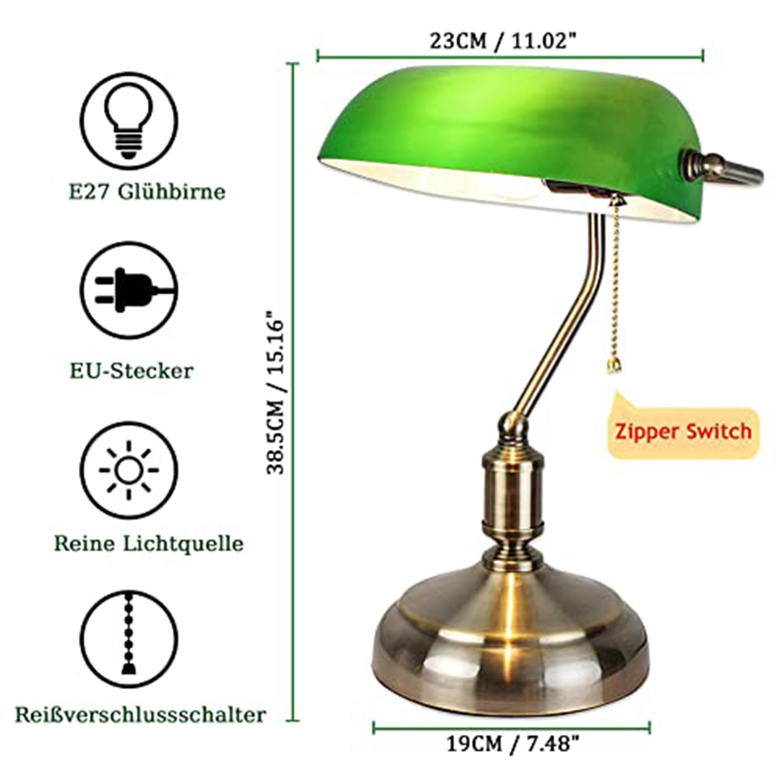 Traditionelle Bankerlampe, Schreibtischlampe, aus Metall, antik, mit Kette, Lampenschirm aus Glas, grün, Nachttischlampe für Schlafzimmer Messing Finish