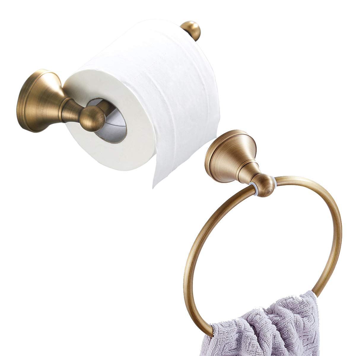 Flybath Toilet Paper Holder and Towel Ring Set Wall Mounted Antique Brass (Brushed Bronze)