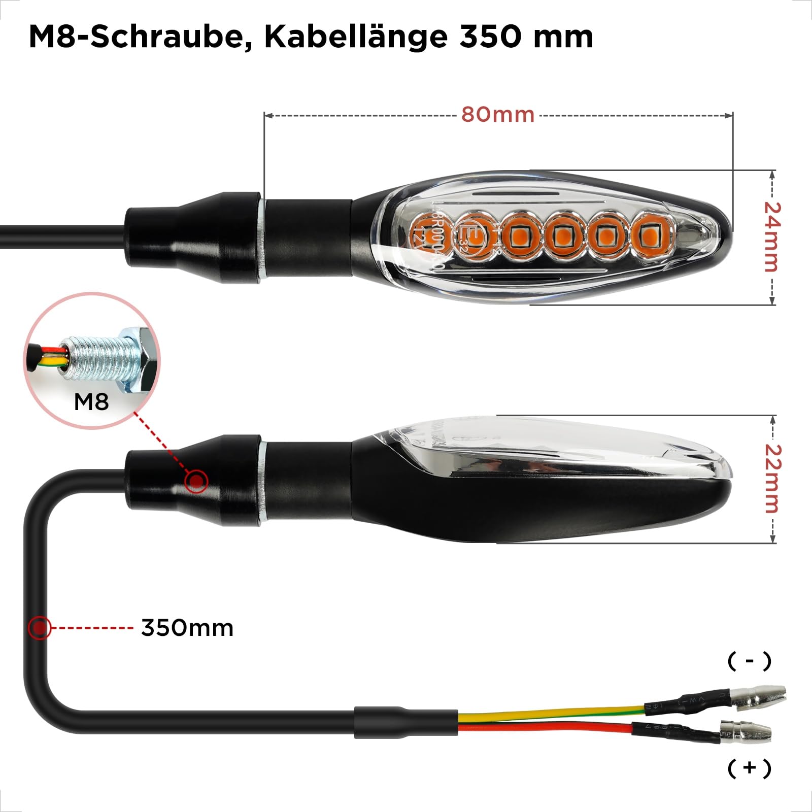 evermotor 4 Stück LED Motorrad Blinker,12V, E32, Aluminiumschale, IP67 Wasserdicht Blinkerlicht, 350mm Kabel, für Motorrad, Scooter