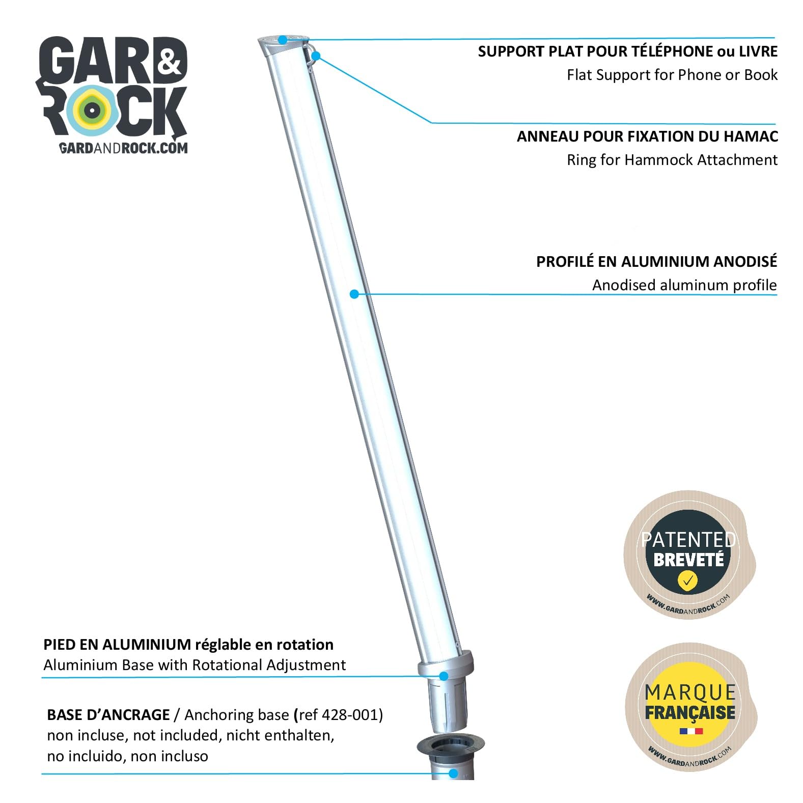 Poteau pour Hamac Gard&Rock en Aluminium – avec ou sans Arbre | Fixation Amovible et Multi-Terrains à insérer dans Base d’Ancrage (non incluse) – Terrasse, Jardin et Bord de Piscine