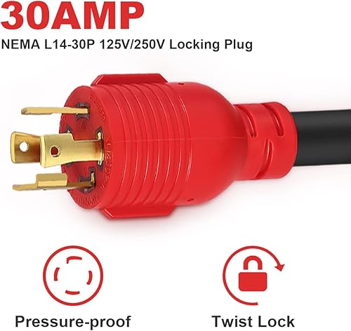 Miniatura 7 de Cable adaptador de generador RV de 4 clavijas a 30 amperios con mango de agarre, L14-30P Twist Lock macho a TT-30R hembra, 1 pie 10AWG STW