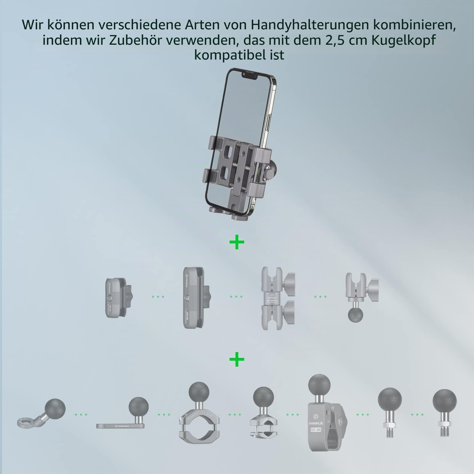 FANAUE Handyhalterung mit 2,5 cm Kugel, kompatibel mit RAM-Halterungen, B-Größe, Doppelbuchsenarm und Fahrrad-Handyhalterung aus Aluminiumlegierung, geeignet für 14-17,8 cm Smartphones mit