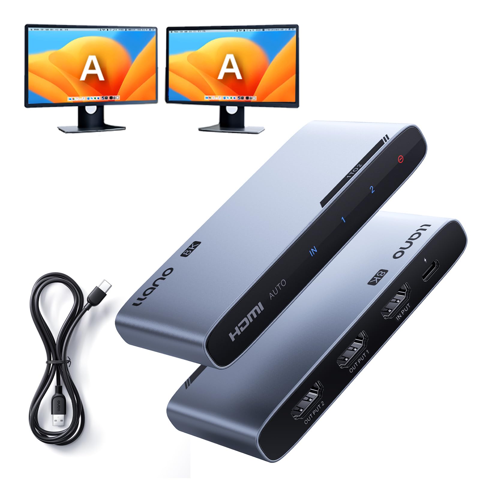 Photo 1 of llano HDMI 2.1 Splitter 1 in 2 Out, 8K@60Hz 4K@120Hz/240Hz, SST & Mirror Mode Only (No Extend), HDCP 2.3, HDR10, Dolby Vision, for PS5, Xbox, Apple TV, Laptop, Aluminum Case