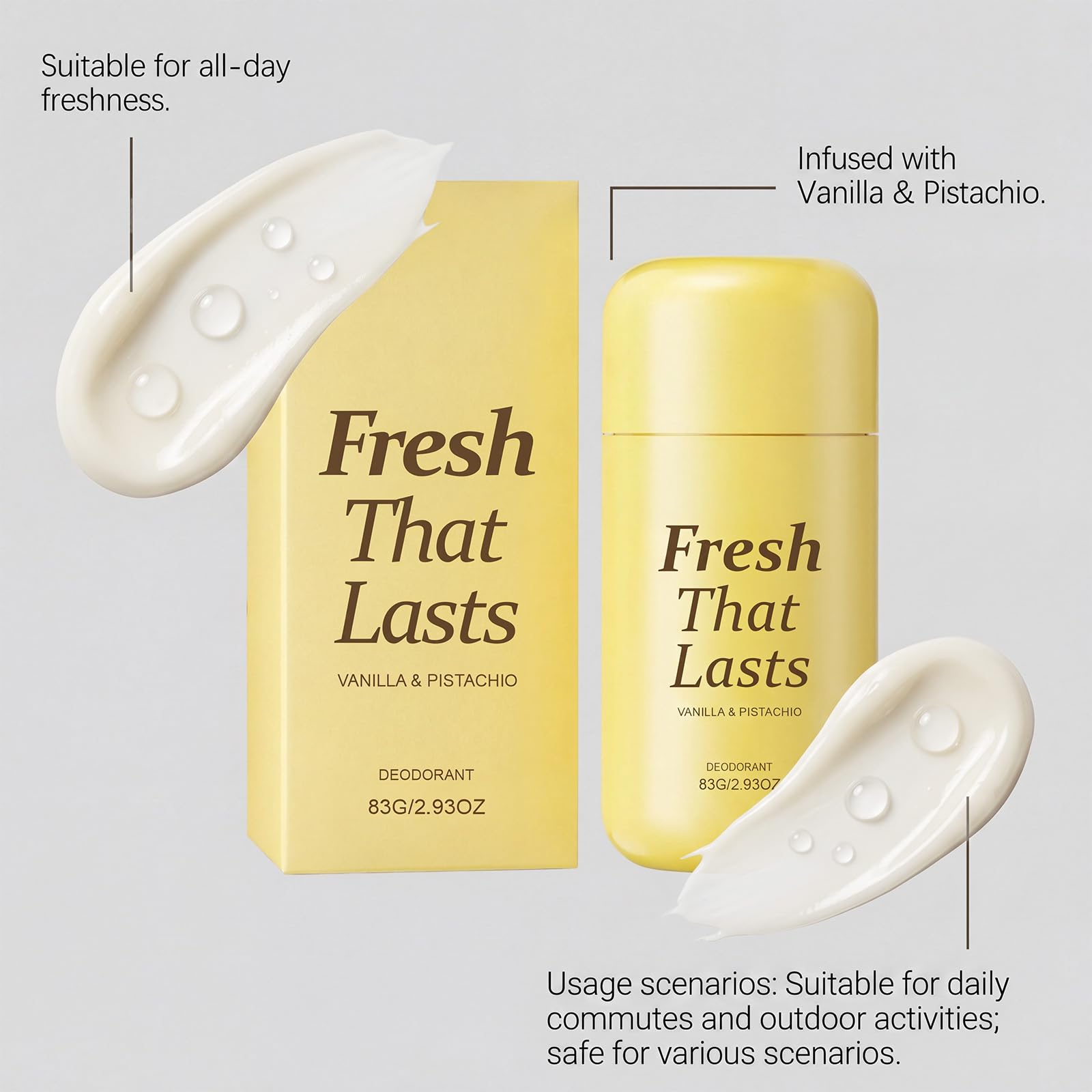 Fresh That Lasts Dezodorant w sztyfcie, waniliowy pistacjowy dezodorant w sztyfcie dla mężczyzn i kobiet, dla promiennej cery, redukuje cienie pod pachami i nierównomierny odcień skóry (2 szt.)