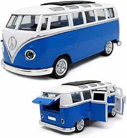 Miniatura Kombi 18 CM, Em metal, Abertura de todas as portas, Com Som e Led, Rodinhas em borracha e com fricção (Azul)