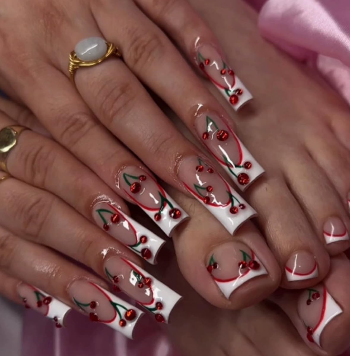 48Pcs White French Tip Press on Nails Cherry Press on Toenails Set Long Square with Cherry Charms Design Glossy Glue on Nails & Toenails, Full Cover