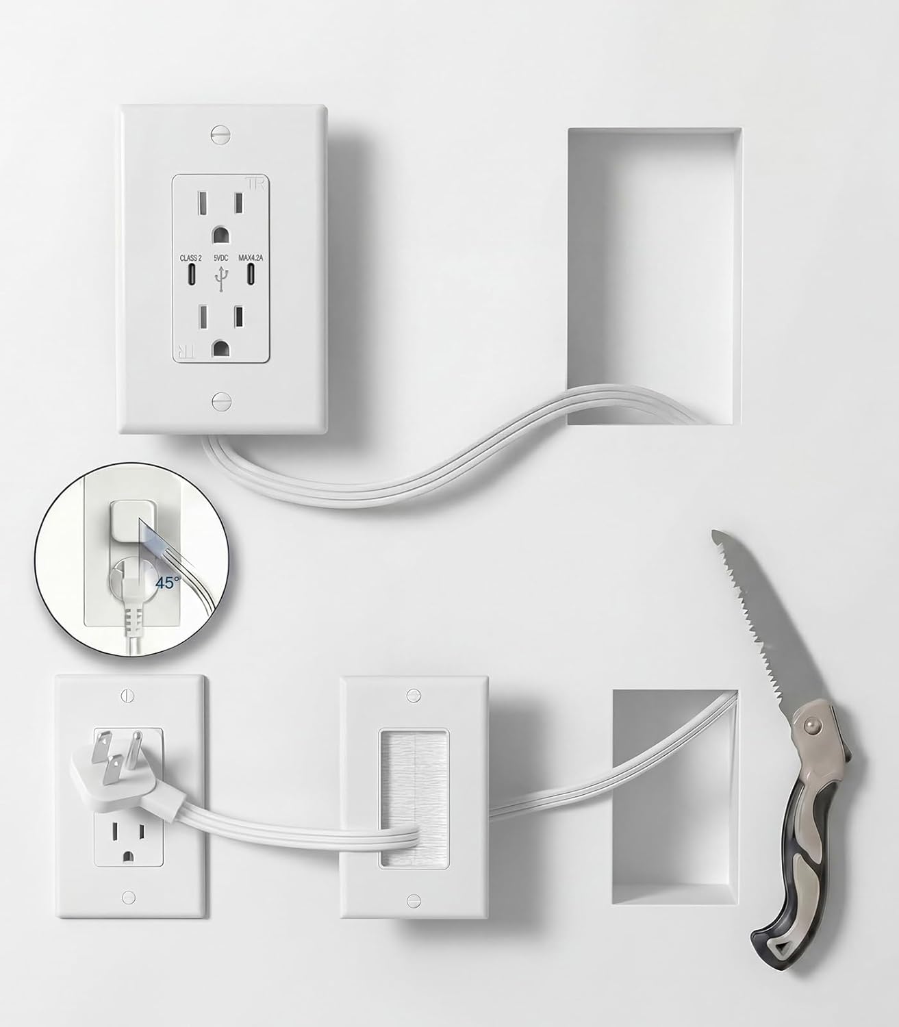 in-Wall Cable Management Kit with Recessed Outlet Box, Dual Outlet Extender with 4.2A Type C/C USB Ports, 9.8ft Extension Cord, Easy Install w/Drywall Saw, UL Listed, TR Safe Outlet Relocation Kit