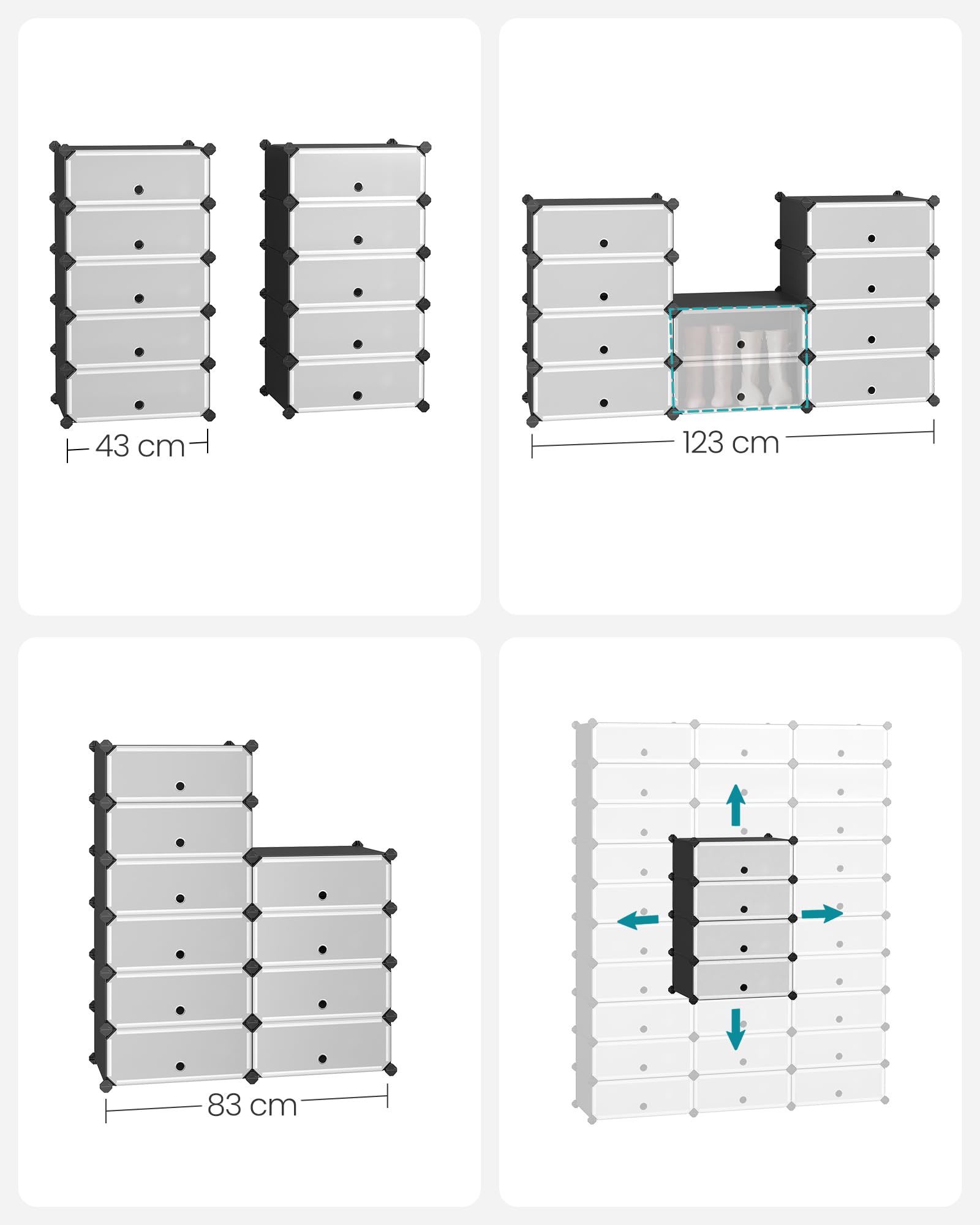 SONGMICS Zamykany stojak na buty, prostokątny organizer, 10-szczelinowy modułowy regał do przechowywania DIY, każdy moduł 40 x 30 x 17 cm, szafa z tworzywa sztucznego z drzwiami, czarny LPC10HV1