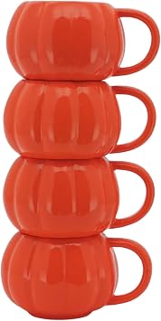 Halloween Pumpkin Stoneware Stackable Mug Set 4-Pack, Iron Rack Storage, Party Essentials