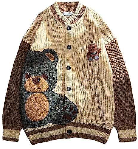 ebossy Womens Cute Bear Embroidery Knit Cardigans Casual Loose Button Down Drape Long Sleeve Varsity Sweater Jacket