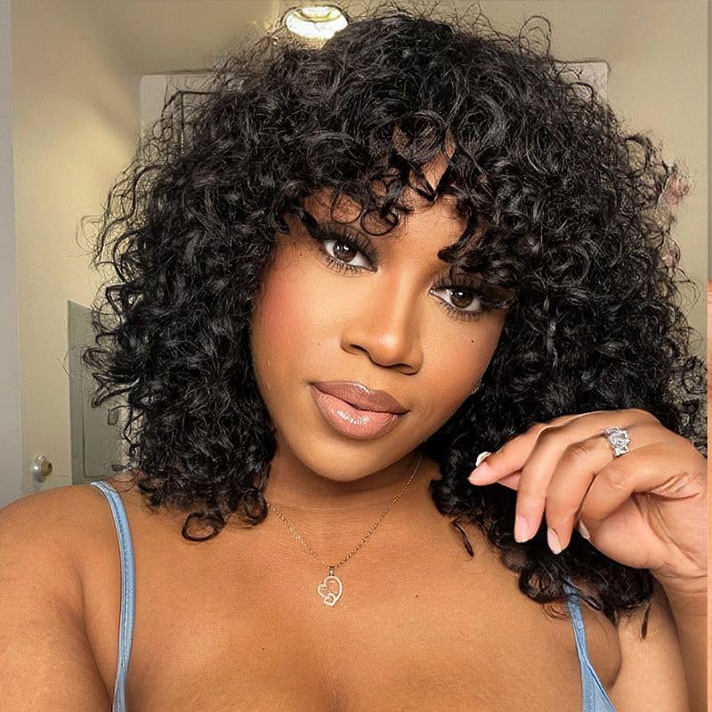 Photo 1 of JOEDIR HAIR Short Curly Wig with Bangs 14 inch Water Wave Human Hair Wig for Black Women Jerry Curl Bob Wig 150% Density Non Lace Front Glueless Wig Natural Black 14 Inch Natural Black with Bangs
