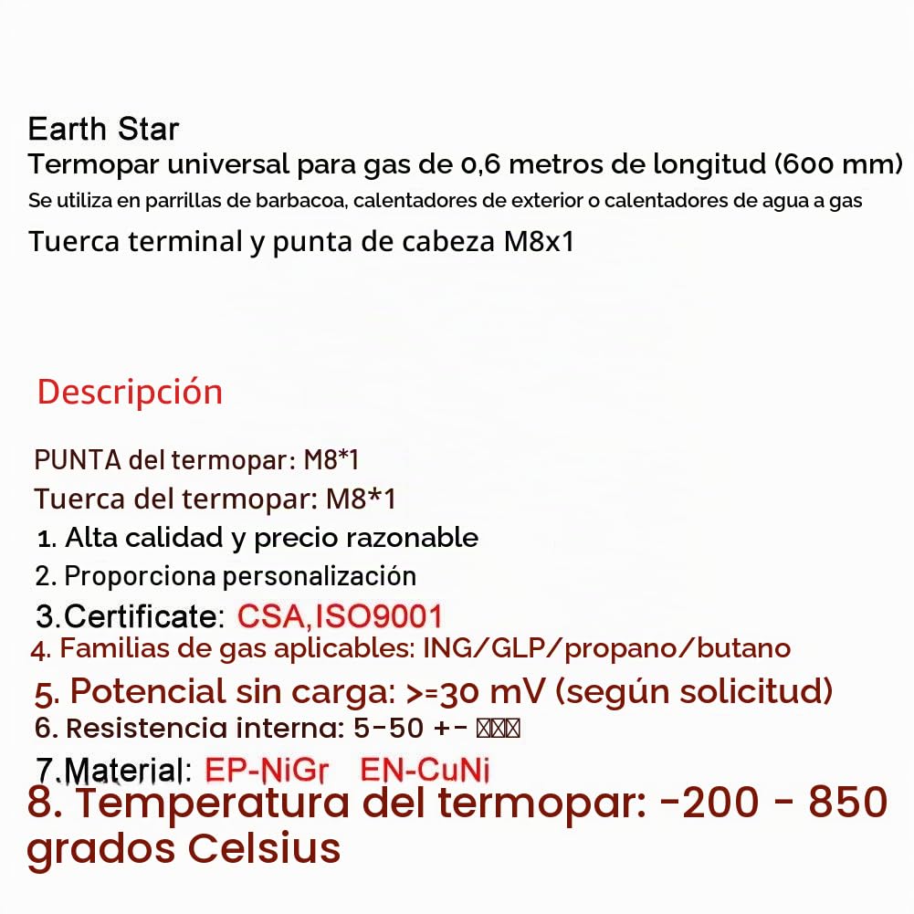 METER STAR Termopar de gas universal 24" para parrilla, calentador de hoguera o agua a gas, tuerca M8x1