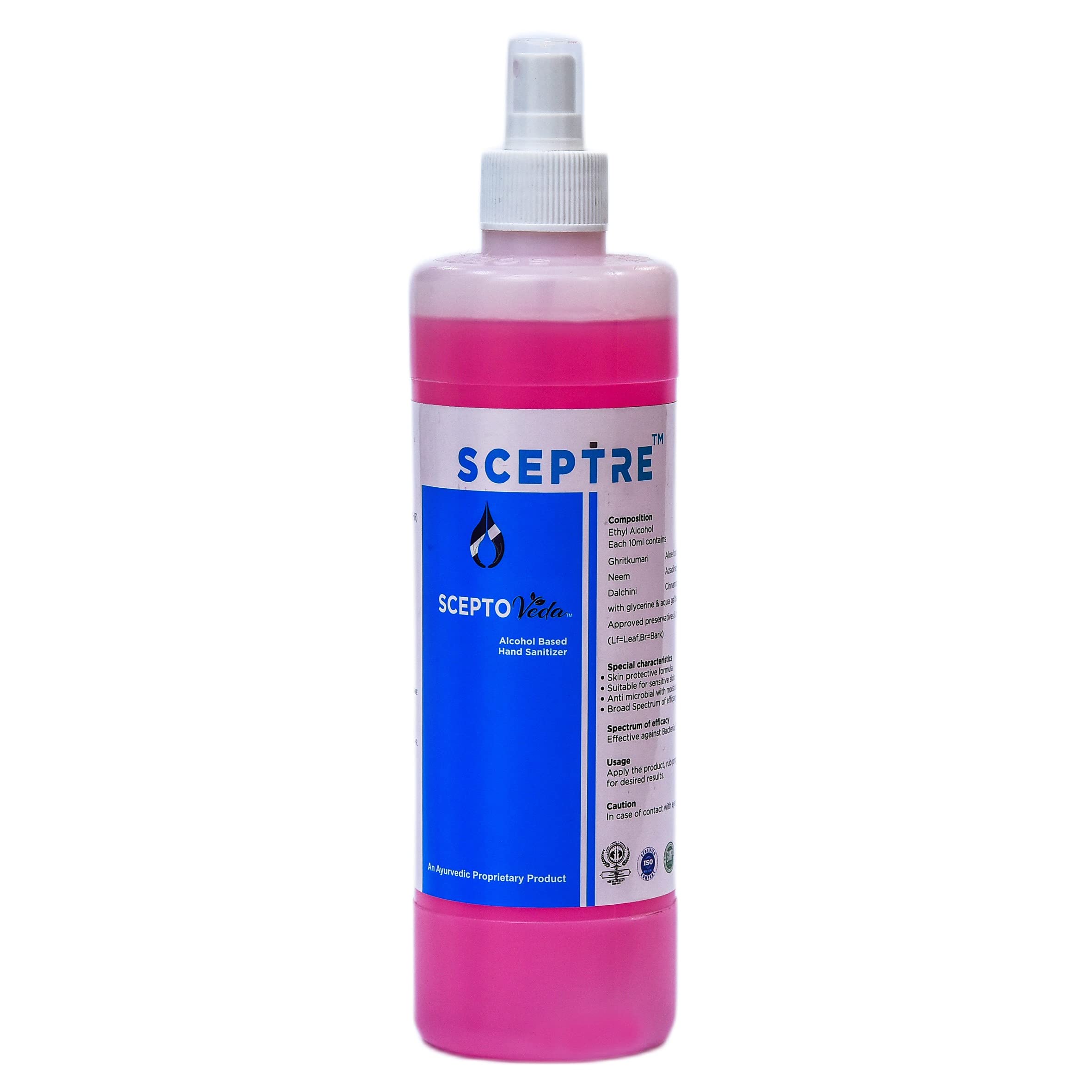 SCEPTRE Scepto Veda Hand Sanitizer 500 ml, Non-Sticky Liquid Hand Rub, Enriched with Neem, Aloe Vera & Cinnamon, Fast Acting Gentle Quick Drying Moisturizing For Regular Use & Rapid Sterilization