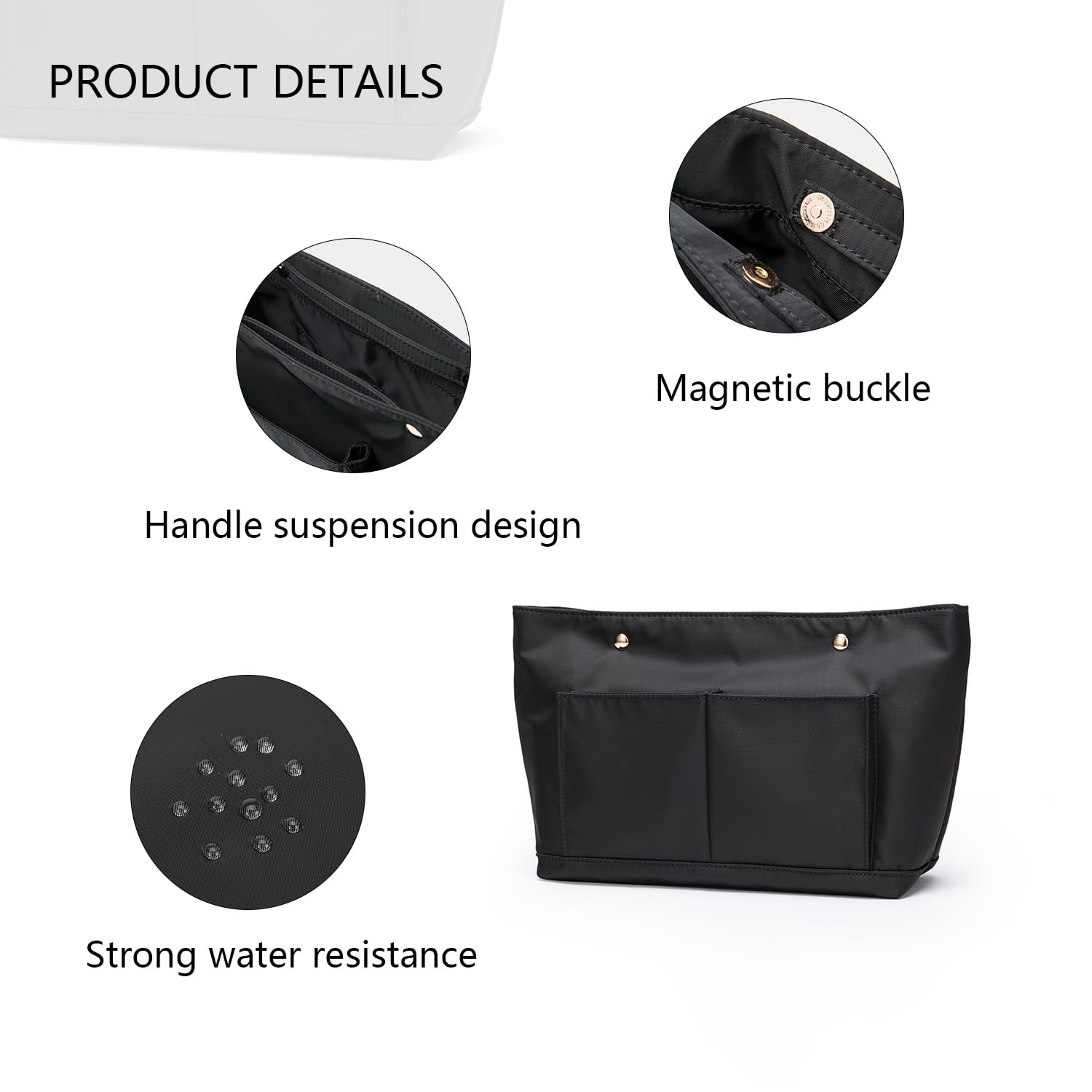 Organiseur de sac à main léger avec plusieurs poches – Organiseur de sac à main pour rangement et organisation, trousse de maquillage (nylon-noir, M)