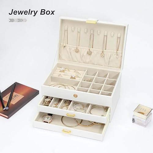 Miniatura 7 de V-LAFUY Caja organizadora de joyas, joyero para mujer de 3 capas con 2 cajones, grandes organizadores de joyas, cajas de joyería para exhibir