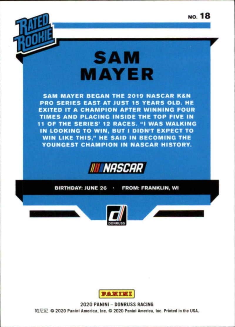 2020 Donruss Racing Blue #18 Sam Mayer S199 K&N Pro Series East Official NASCAR Trading Card made by Panini America