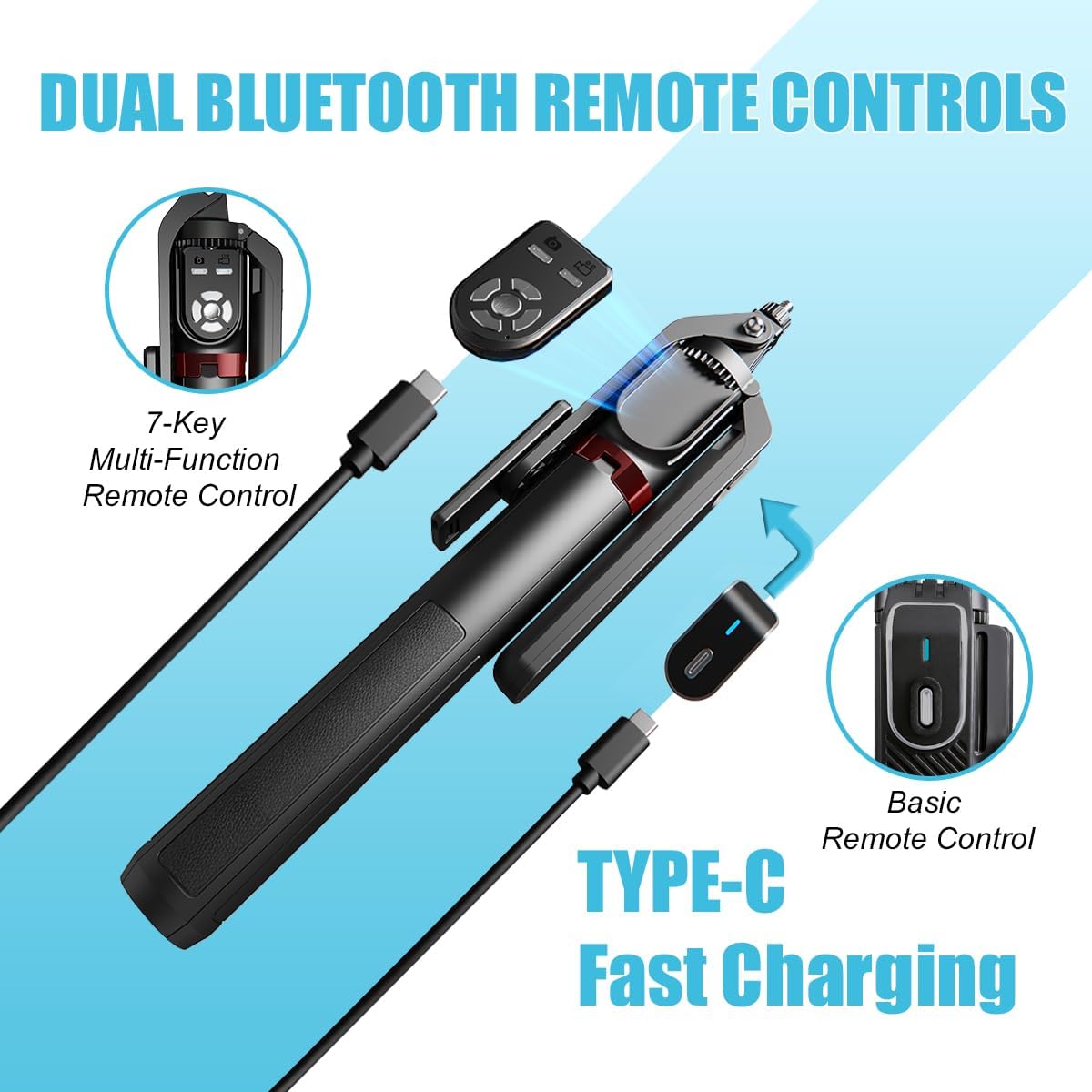 86 Inch 360° Rotation Extendable Selfie Stick & Tripod Stand with Dual Bluetooth Wireless Remote and 2 LED Fill Light and Phone Holder Compatible with iPhone Android Cameras Gopro