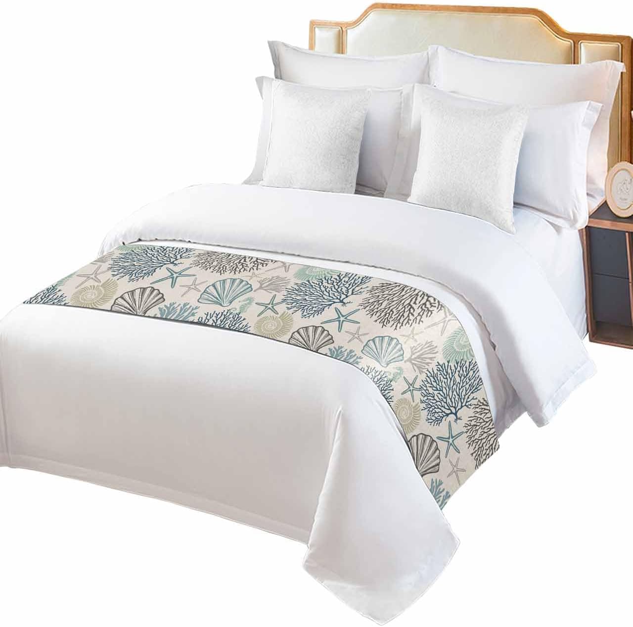 Ocean Coastal Bed Runner Scarf Full Queen Size, Retro Coral Starfish Shell Seahorse Luxury Bed Throw Runners & Scarves for Twin Full Queen King Foot of Bed, Hotel Wedding Room Decoration, 83"x20"