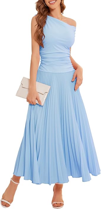 Bbonlinedress رسمي ماكسي حفلة موسيقية واحد الكتف مطوي فستان كوكتيل النساء ضيف الزفاف الصيف اليومية فساتين حزب طويل