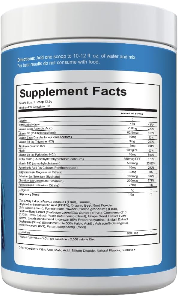 L-Arginine 5000mg & L-Citrulline 1000mg Combo+® - Cherry, 30 Servings, 390g Nitric Oxide Booster Drink Mix Powder - CoQ10 & Organic Beet Root - High Potency Heart & Circulation Support USA