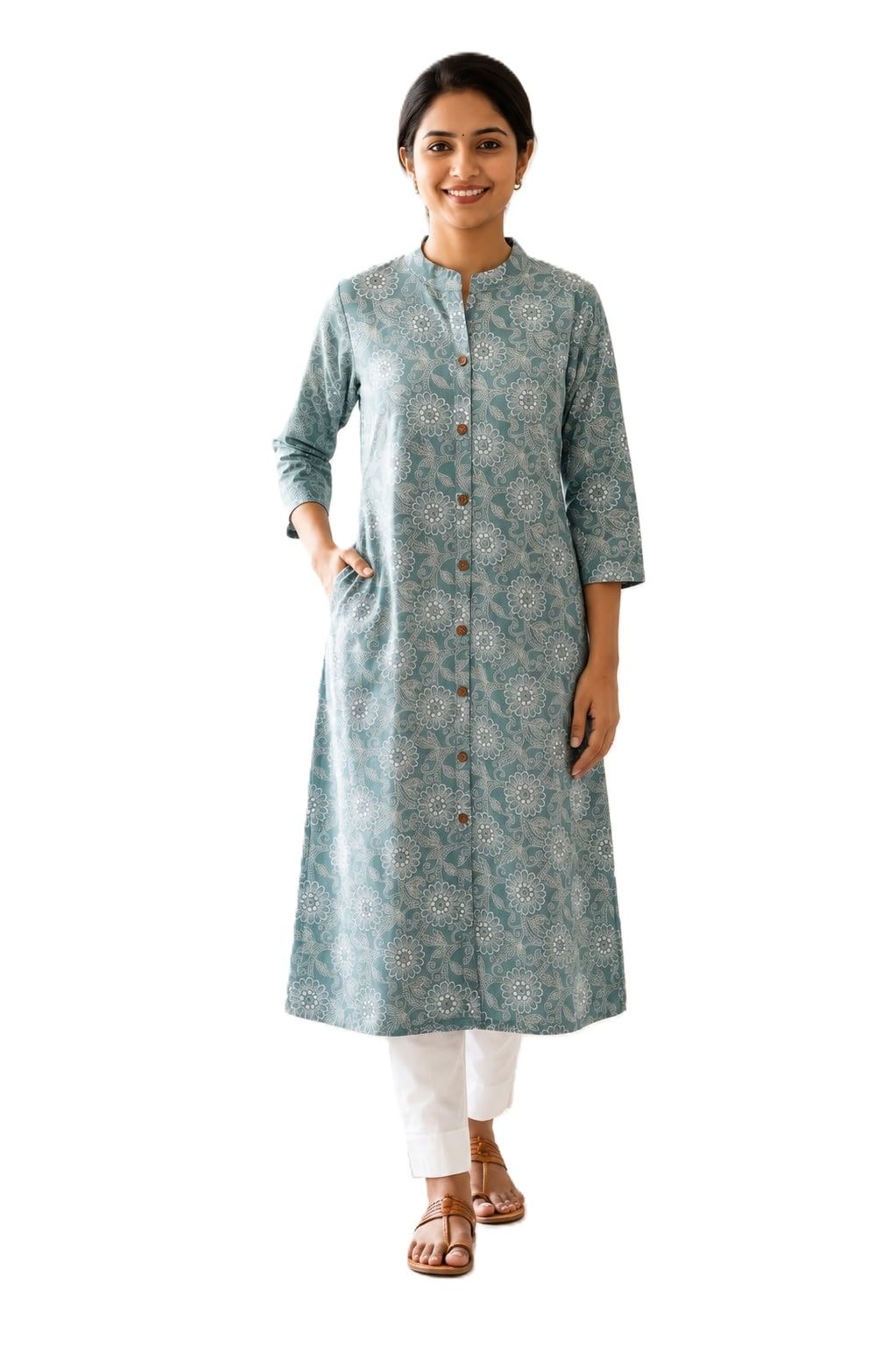Roadster Women's Floral Print Straight Kurta, Teal Blue, Mandarin Collar, 3/4 Sleeves, Button-Down, Side Pockets in blue