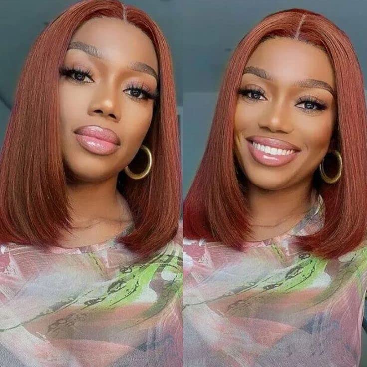 Miniatura 4 de Peluca de cabello humano castaño rojizo estilo Bob de 13 x 4 para mujeres negras, densidad del 180 %, color marrón rojizo 33B, pelucas de cabello