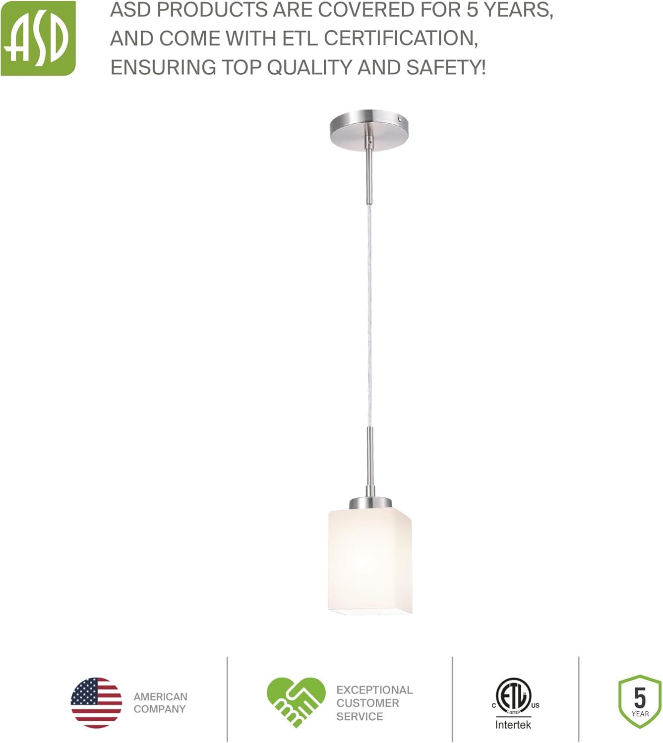 ASD Single Mini-Pendant Ceiling Light Fixture | 60W E26 Socket 120V | Dimmable, LED/CFL/Incandescent Bulbs Compatible, ETL Listed | Hanging Kitchen Island Lighting, Frosted Drop Lamp | Nickel