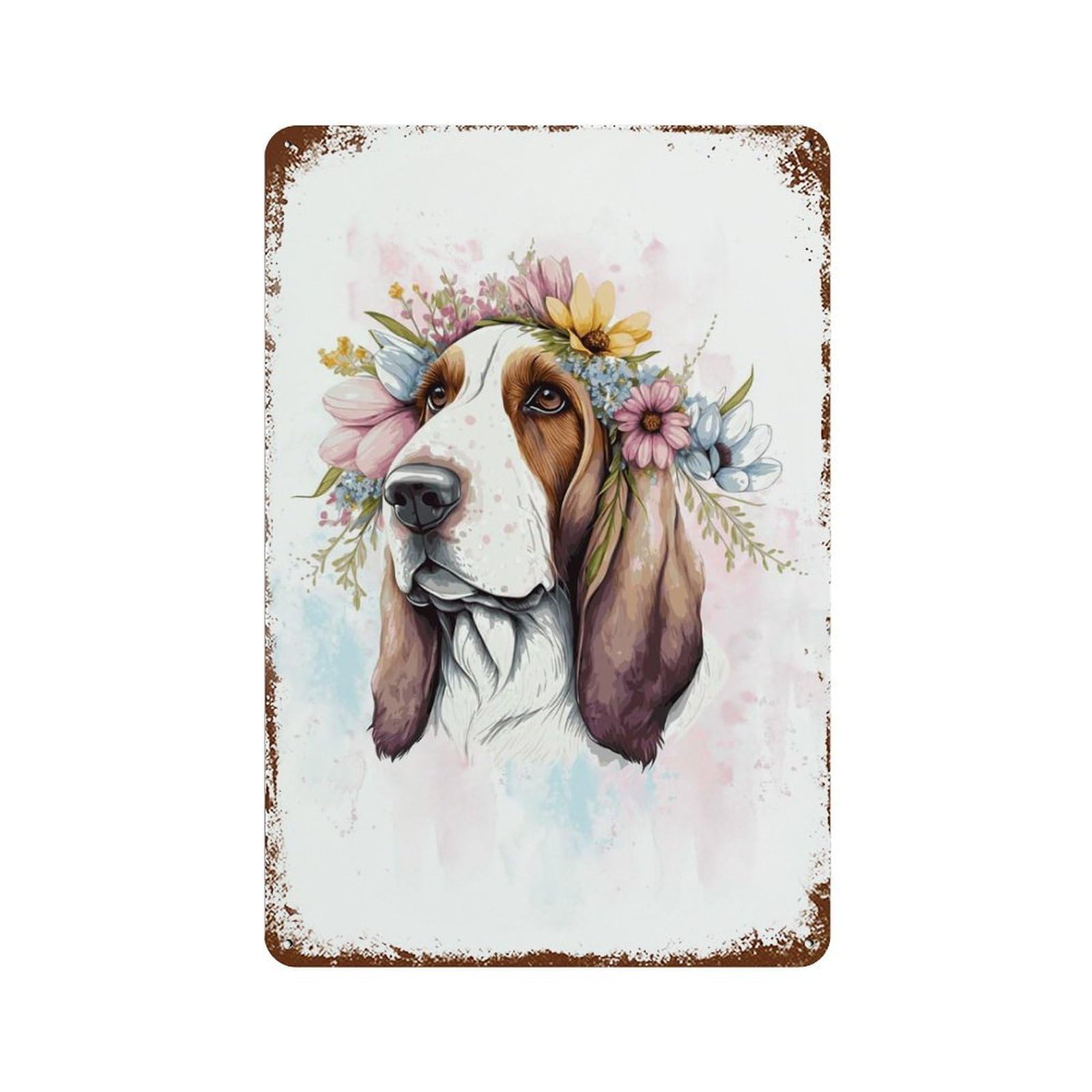 Basset Hound Watercolor 11.8"x7.9" Rust Effect Tin Sign, Old School Wall Decor for Pub, Kitchen And Man Cave Decor