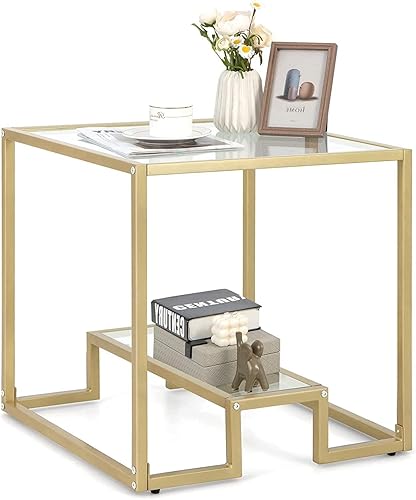 NAFORT Mesita de noche de cristal mesa auxiliar cuadrada dorada para sofá con estante de almacenamiento vidrio templado y marco de metal fácil de