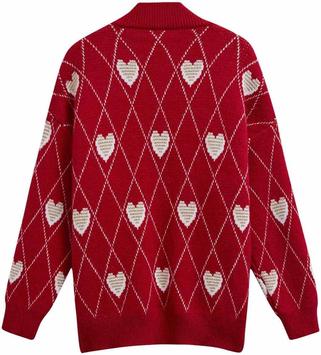 CHICWISH Women's Hearts Print Button Down Cardigan Sweaters V-Neck Long Sleeve Cropped Knit Sweater Cardigan with Pockets Red - Image 3