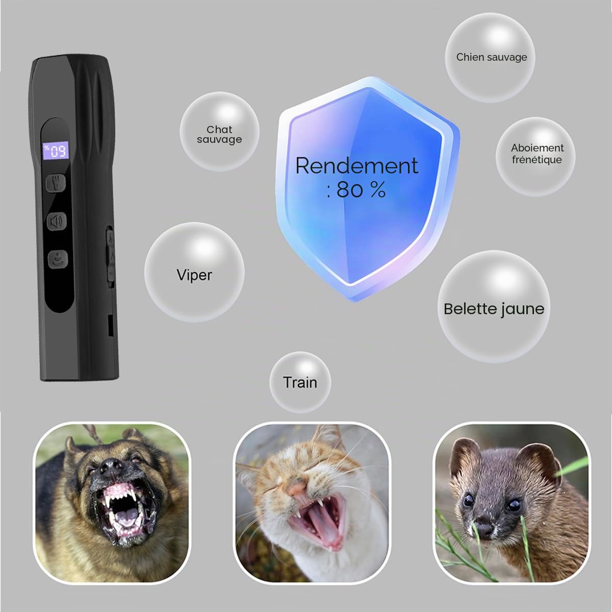 Répulsif à ultrasons pour chien avec lumière LED - Dispositif anti-aboiement - Entraînement du comportement - 3 fréquences - Bouton sonore durable - Pour intérieur et extérieur