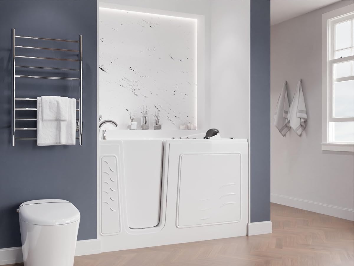 ANZZI Walk-in Tub 30" x 60" Left Drain Quick Fill Walk-In Whirlpool and Air Tub with Powered Fast Drain in White (3060WIL) | Soothing Hydrotherapy 8 Adjustable Jets And 4 Targeted, Integrated Grab Bars Slip Resistant Flooring