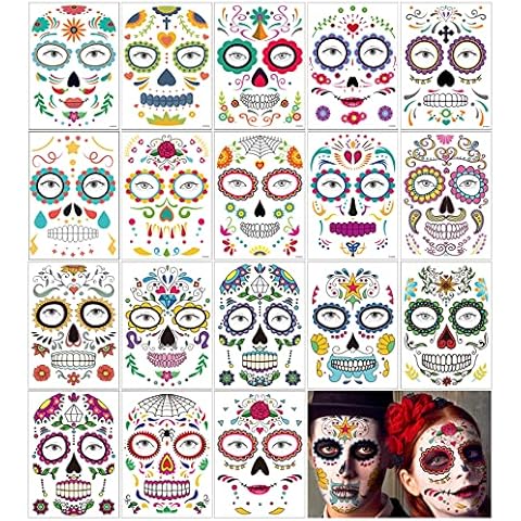 18 PCS Day of the Dead Face Tattoos, Día de Los Muertos Temporary Face Sticker Kit Halloween Decorations Sugar Skull Costume Makeup Decor Glitter Red Roses Skeleton Full Face Mask Tattoos Temporary Cover